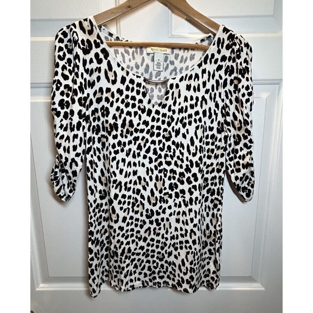 WHITE HOUSE BLACK MARKET Size M Animal Print Stretch Ruched Sleeves Top